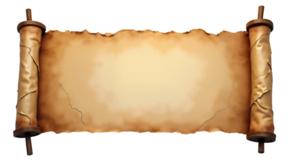 Old paper scroll with brown wooden rollers on edges. Ancient parchment, rolled up sheet, blank surface for text. History, vintage, antique theme. Perfect for movie, game, website, book cover design.