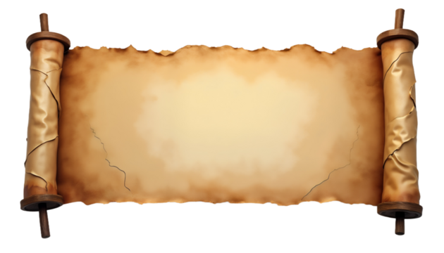 Old paper scroll with brown wooden rollers on edges. Ancient parchment, rolled up sheet, blank surface for text. History, vintage, antique theme. Perfect for movie, game, website, book cover design.