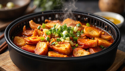 Steaming hot Korean tteokbokki in black bowl
