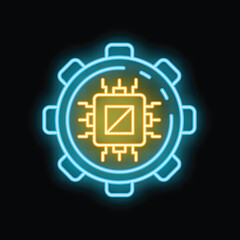 Neon icon of a cpu chip is glowing inside a gear wheel, symbolizing technological advancement