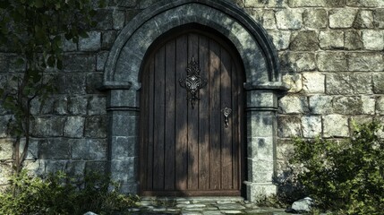 Vintage Stone Doorway Surrounded by Lush Greenery