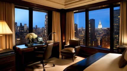 Fototapeta premium Elegant Office with City View at Dusk