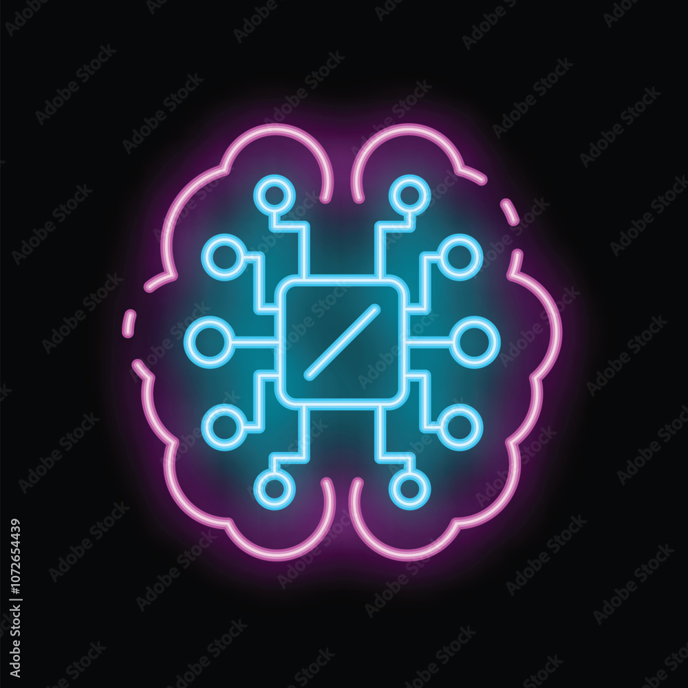 Poster neon glowing brain with blue cpu chip connected with wires symbolizing artificial intelligence