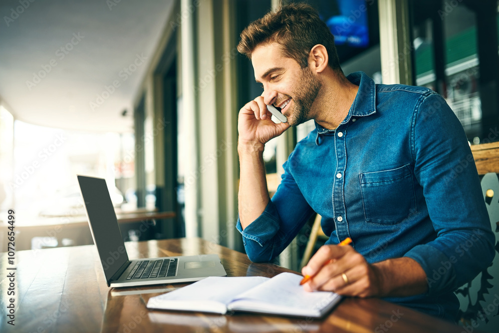 Poster Man, phone call and writing notes at cafe with listening, smile and networking with remote work. Person, writer and smartphone with book, planning and review with creative project at coffee shop