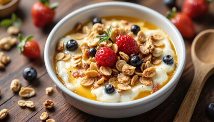 Yogurt bowl with granola, berries, and honey