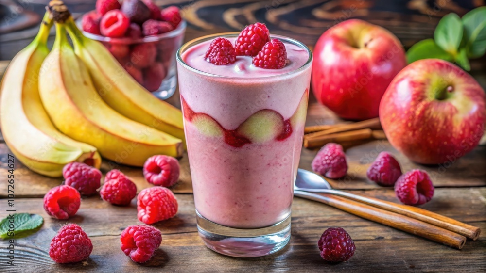 Poster a refreshing raspberry smoothie with a hint of apple and banana, garnished with fresh raspberries