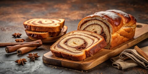 Cinnamon swirl bread with star anise and cinnamon sticks on a rustic wooden cutting board