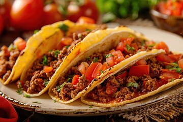 Mexican tacos with ground beef, tomatoes and guacamole
