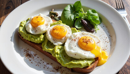 Avocado toast with sunny side up eggs on white plate
