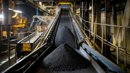 A conveyor belt is filled with black coal. The coal is piled high and is being transported through the facility