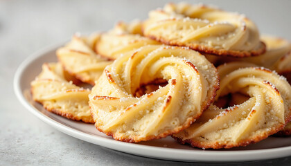Butter cookies with sugar on white plate closeup