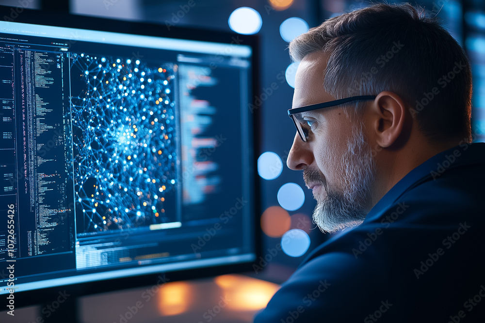 Poster a professional examines intricate data patterns on a computer, immersed in analysis during the eveni