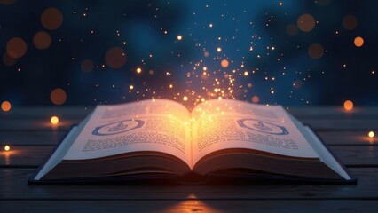 Glowing open book on wooden table with sparkling light particles, capturing magic and enchantment at night, hanukkah theme