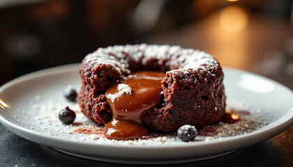 Chocolate lava cake with molten center on white plate