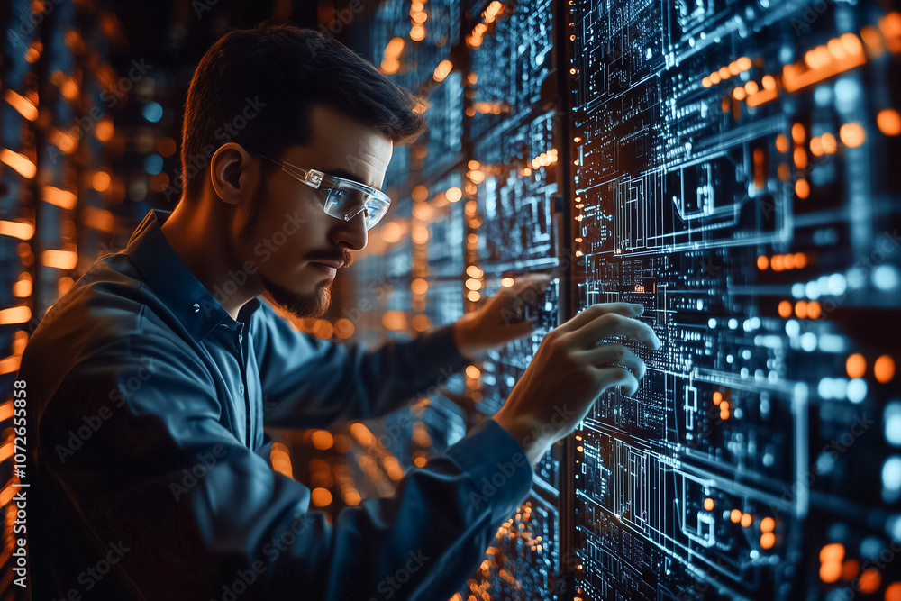 Poster a technician addresses server issues in a high-tech center lit by glowing circuits