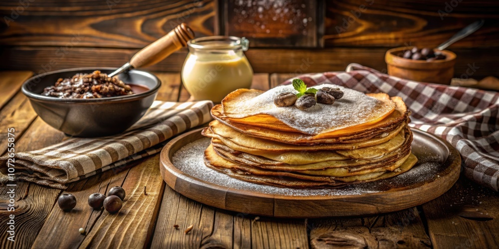 Poster a stack of golden pancakes decorated with powdered sugar and topped with chocolate bits and a fresh 