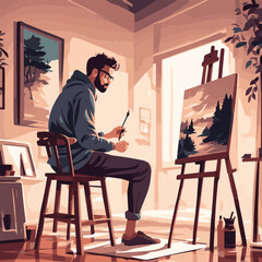 Artist painter at work easel palette flat 3d web isometric infographic concept vector template. Creative people professions collection. Modern Bearded Man Painting in Studio design vector art.	