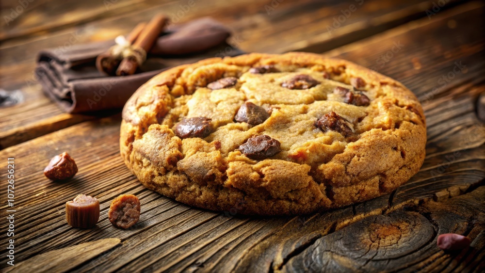 Poster a golden brown chocolate chip cookie sits on a rustic wooden table, its edges slightly crisped and t