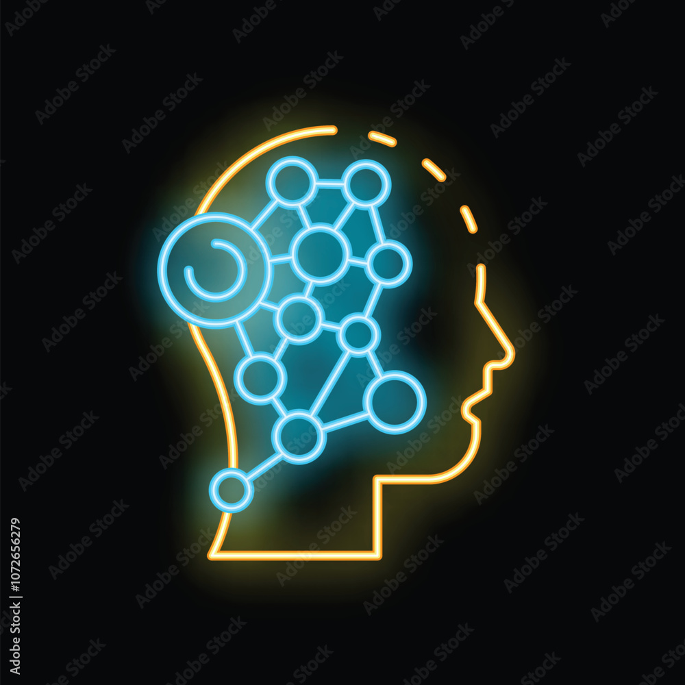 Poster neon style icon representing the machine learning process with a human head and neural network