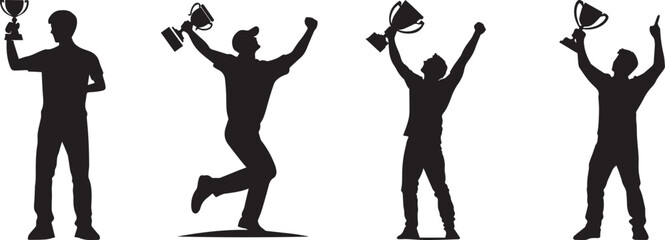 Silhouette of a winner on a podium with trophy in one hand, arms raised in triumph vector silhouette