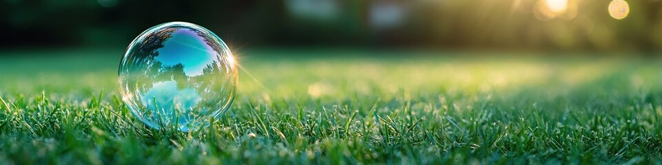 Beautiful soap bubble on the green grass in the park. Shallow depth of field