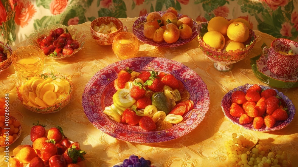 Poster colorful fruit display on elegant table setting
