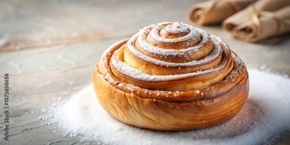 Poster a freshly baked cinnamon roll dusted with powdered sugar, resting on a surface dusted with confectio