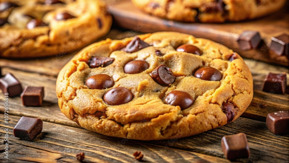 Poster a close-up of a freshly baked chocolate chip cookie with large chocolate chips, resting on a rustic 