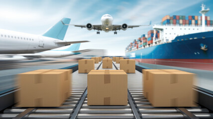 A plane is flying over a conveyor belt with boxes on it. The conveyor belt is moving and the boxes are being loaded onto a ship