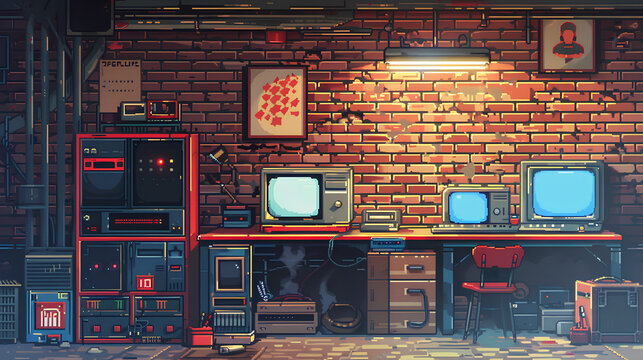 Retro Pixelated Gaming Room with Brick Wall and CRT TVs