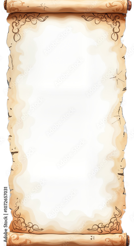 Fototapete Old scroll paper banner. Blank parchment sheet with intricate design, ready for message text. Ancient vintage document with copy space. Medieval art, empty canvas, antique background, old paper, Png.