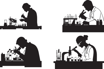 Silhouette of a doctor working in a lab with samples, meticulous approach vector silhouette