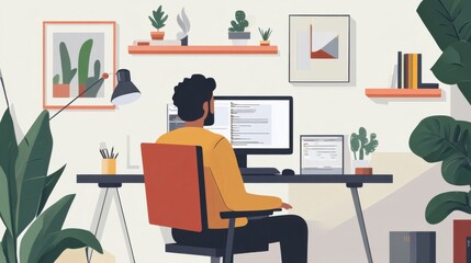 Person working on computer in home office, remote setup