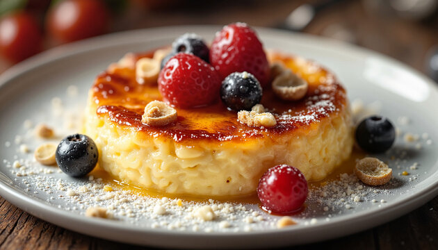 Delicious dessert topped with berries and nuts on a wooden table  