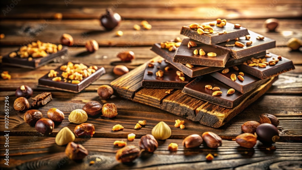 Aufkleber A rustic wooden table adorned with a stack of dark chocolate bars studded with roasted nuts, surrounded by a scattering of whole nuts and broken pieces of chocolate.
