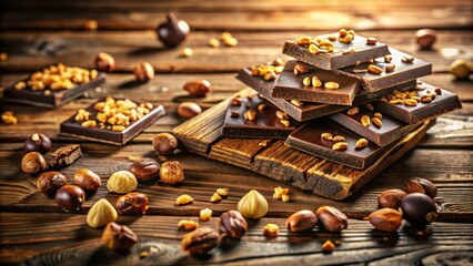 A rustic wooden table adorned with a stack of dark chocolate bars studded with roasted nuts, surrounded by a scattering of whole nuts and broken pieces of chocolate.