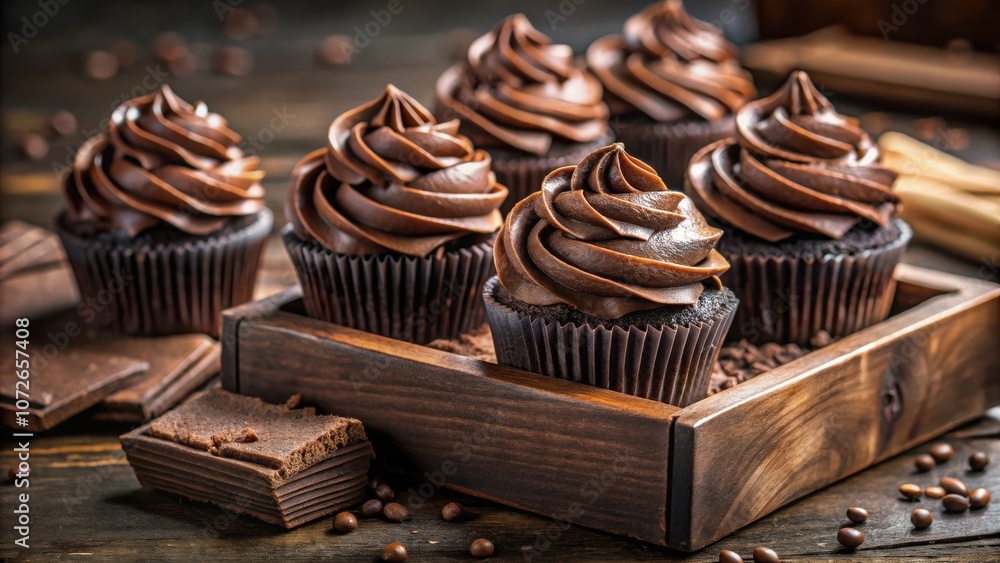 Poster chocolate cupcakes with swirls of rich frosting and cocoa beans on a rustic wooden tray