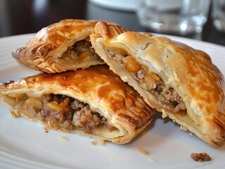 Baked empanadas with meat and cheese on a baking sheet