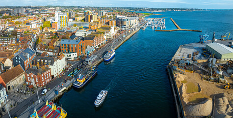 Aerial view of Poole, a coastal town in Dorset, southern England, known for its large natural...