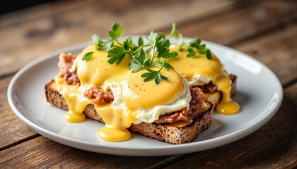 Eggs Benedict with hollandaise sauce on rustic wooden table