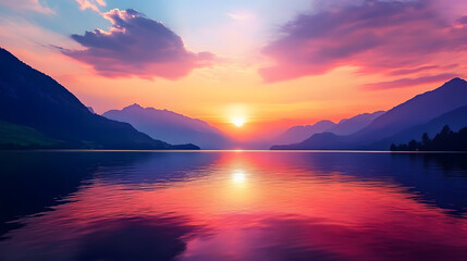 A peaceful sunset over a quiet lake, reflecting colors in the water.