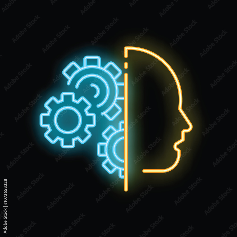 Poster neon glowing icon of a human head silhouette with gears representing artificial intelligence, machin