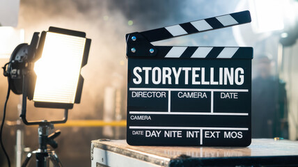 A black clapperboard with the words Storytelling written on it. The clapperboard is placed on a table next to a light