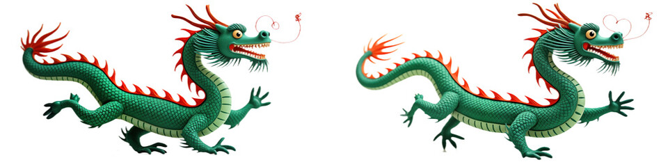 Obraz premium Green Chinese dragon isolated on transparent background. Red spikes, horns, yellow eyes. Two identical dragons face in opposite directions, looking to left, right. Decorative dragon for New Year Png.
