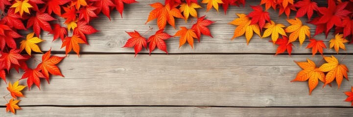 Fototapeta premium Autumn sugar maple leaves in various shades of red, orange, and yellow, elegantly framing a rustic wood background, rustic wood, foliage