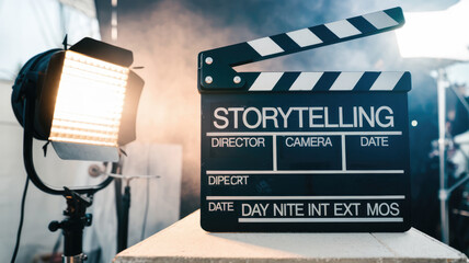 A black and white movie clapboard with the words Storytelling written on it. The clapboard is placed on a box