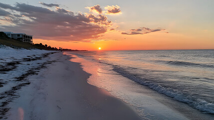 A peaceful sunset walk along the beach, inviting reflection and calm.