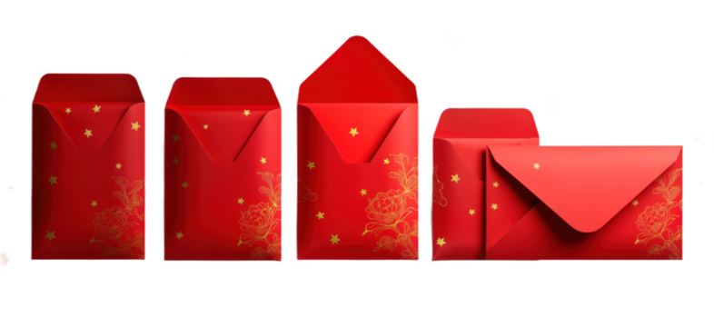 Red envelopes with golden stars, floral design. Traditional Chinese New Year gift, money, invitation card. Suitable for celebration, greeting, with festive feel. Good for various commercial purposes.