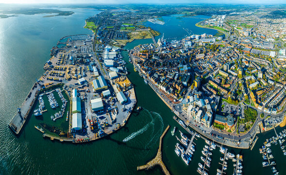 Aerial view of Poole, a coastal town in Dorset, southern England, known for its large natural harbour and sandy beaches