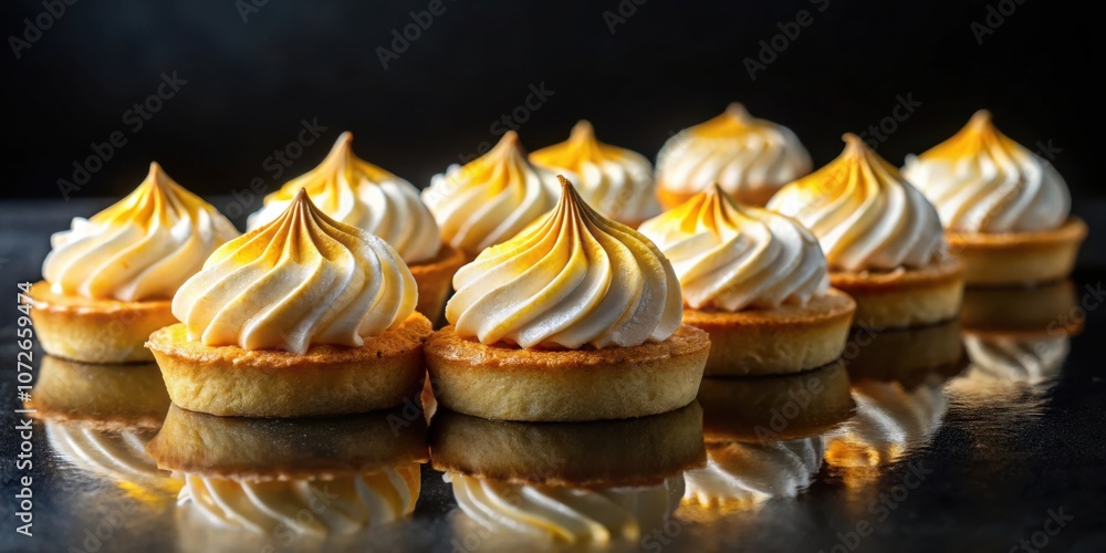Poster a row of delicate pastry tarts topped with creamy swirls and hints of yellow, reflecting on a dark s